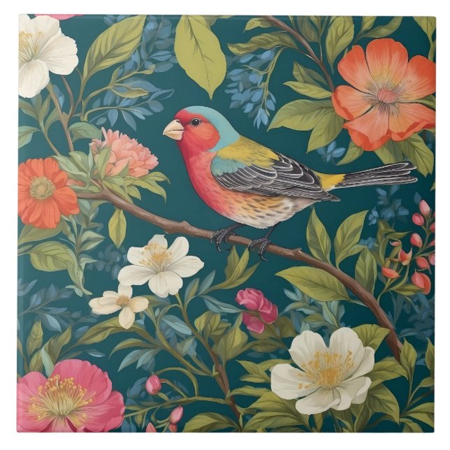 Beautiful Colourful Finch Bird Botanical Ceramic Tile (Front)