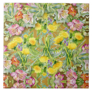 Beautiful Colourful Floral Pattern Pink Yellow  Ceramic Tile