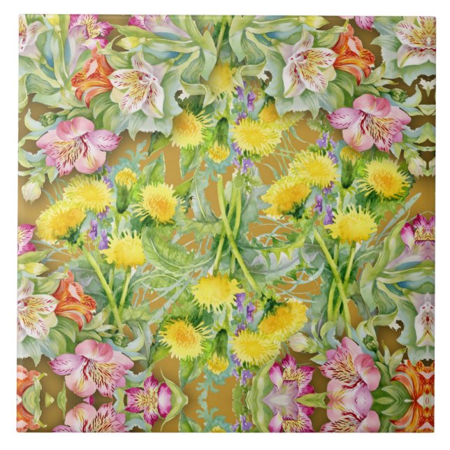 Beautiful Colourful Floral Pattern Pink Yellow  Ceramic Tile (Front)