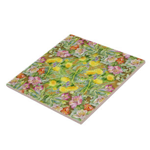 Beautiful Colourful Floral Pattern Pink Yellow  Ceramic Tile