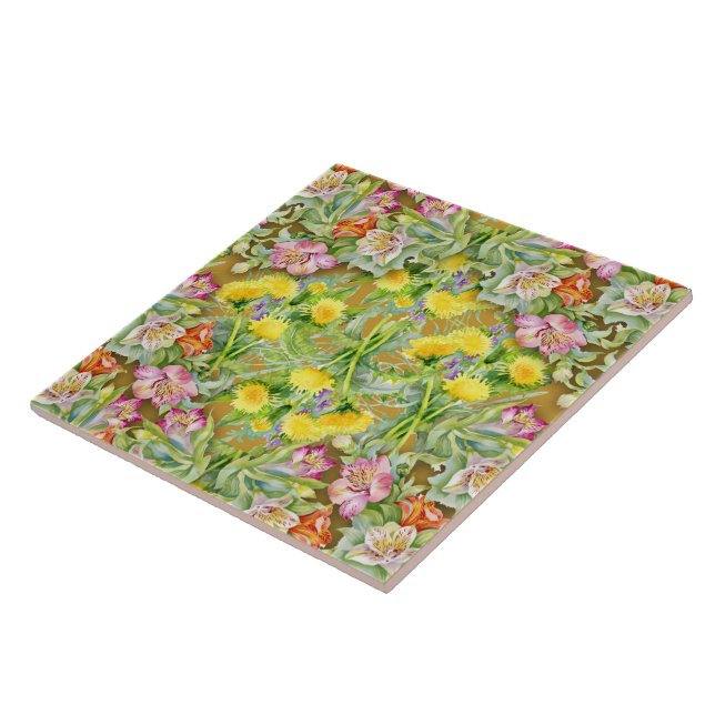 Beautiful Colourful Floral Pattern Pink Yellow  Ceramic Tile (Side)