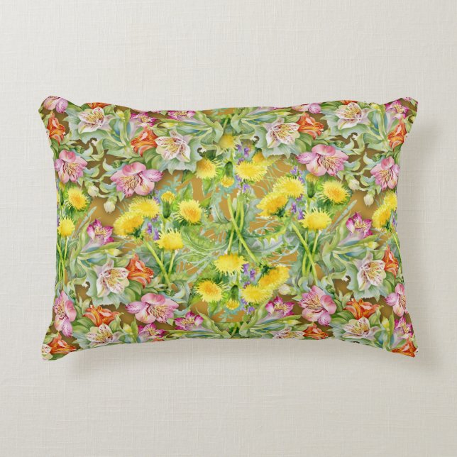 Beautiful Colourful Floral Pattern Pink Yellow  Decorative Cushion (Front)