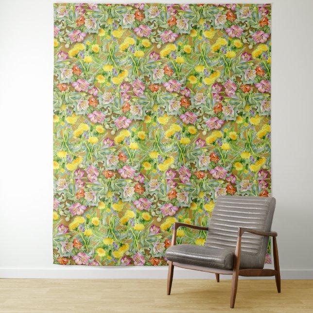 Beautiful Colourful Floral Pattern Pink Yellow  Tapestry (In Situ)