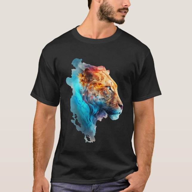Beautiful colourful lion in blue smoke T-Shirt (Front)