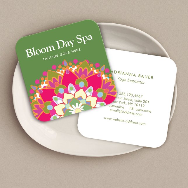 Beautiful Colourful Lotus Flower Floral Green Square Business Card (Creator Uploaded)
