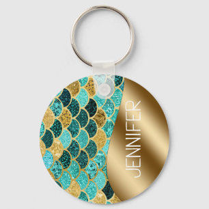 Beautiful Colourful Mermaid Gold Scales Monogram Key Ring