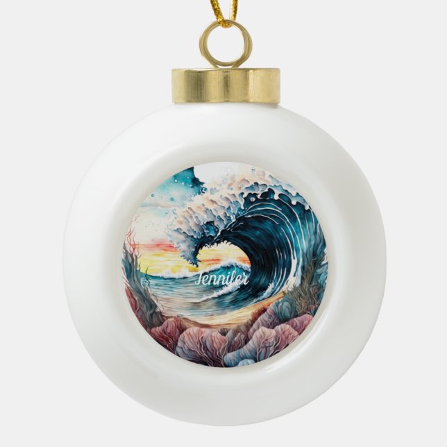 Beautiful Colourful Ocean Waves Ceramic Ball Christmas Ornament (Front)
