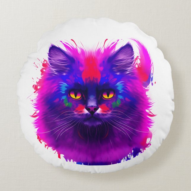 Beautiful Colourful Painted Cat Art Round Cushion (Front)