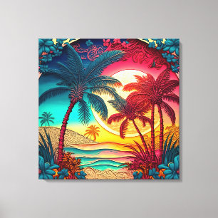 Beautiful colourful palm tree beach house canvas print