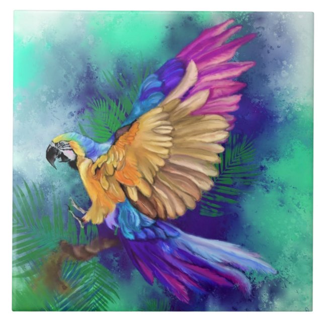 Beautiful Colourful Parrot - Exotic - Painting  Ceramic Tile (Front)