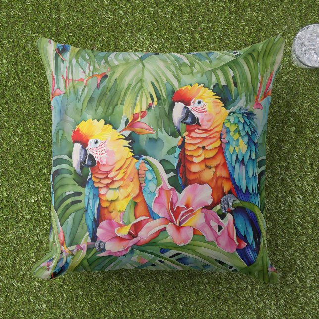 Beautiful Colourful Parrots and Tropical Flowers Cushion (Grass)