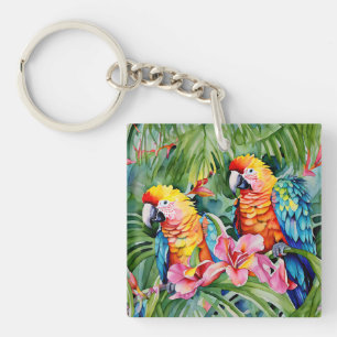 Beautiful Colourful Parrots and Tropical Flowers Key Ring