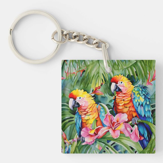 Beautiful Colourful Parrots and Tropical Flowers Key Ring (Front)