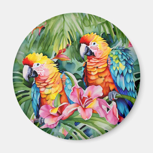 Beautiful Colourful Parrots and Tropical Flowers Magnet (Front)