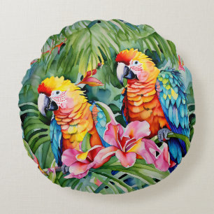 Beautiful Colourful Parrots and Tropical Flowers Round Cushion