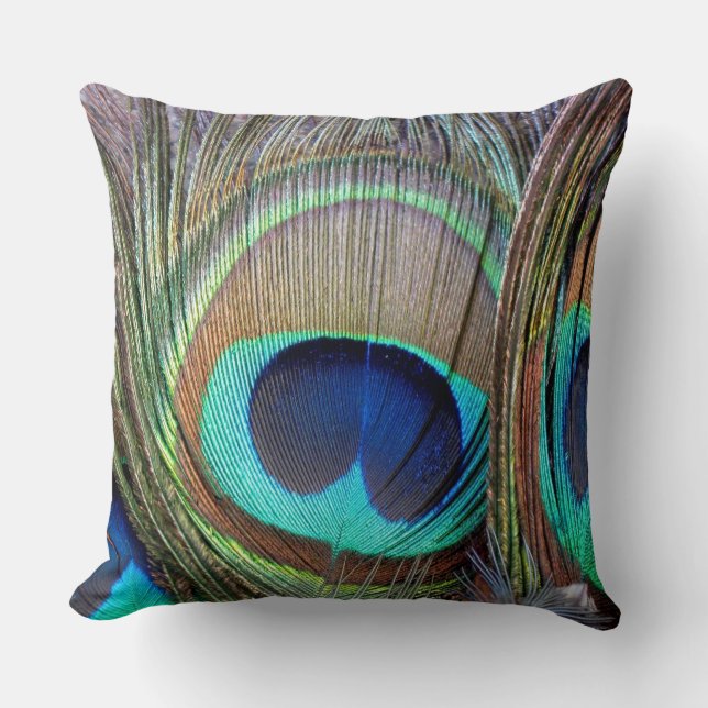 Beautiful colourful peacock feathers cushion (Front)