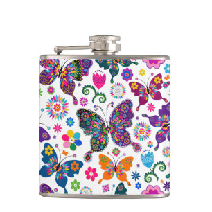 Beautiful Colourful Retro Butterflies * Flowers Hip Flask