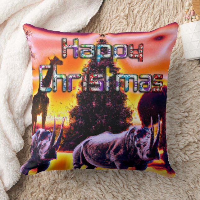 Beautiful Colourful Rhinos Christmas Sunset Sky Cushion (Blanket)