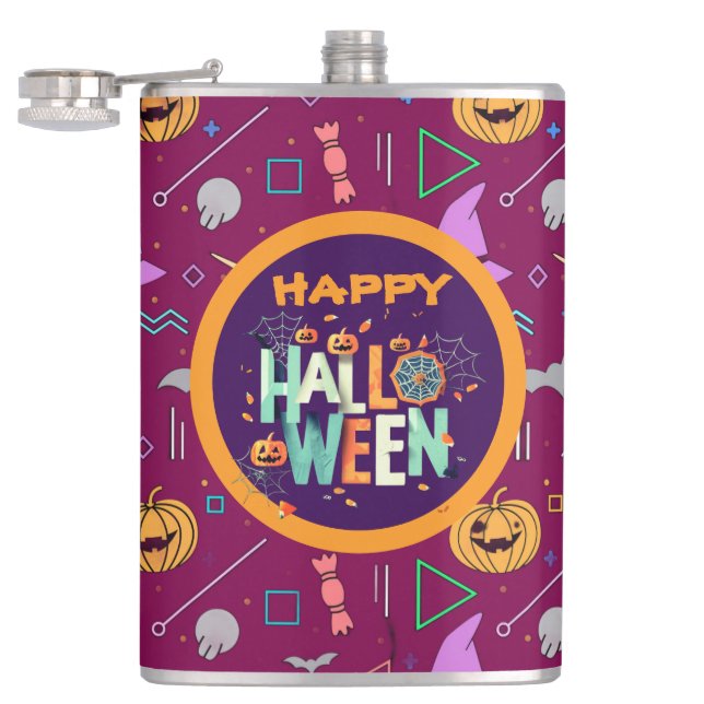Beautiful Colourful Scary Halloween Patterns Hip Flask (Opened)
