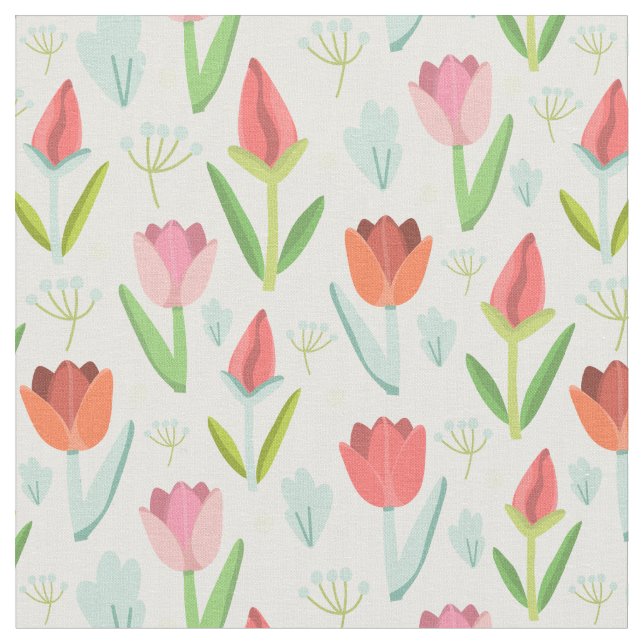 Beautiful Colourful Tulips With Leafs Fabric (Close Up)