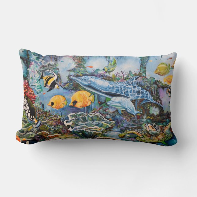 Beautiful Colourful Undersea Fish Sea Turtle Scene Lumbar Cushion (Front)
