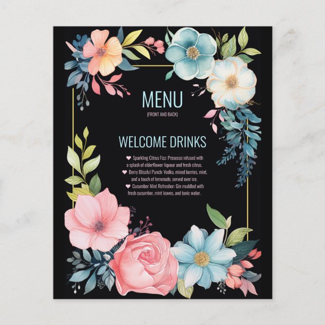 Beautiful Colourful Watercolor Floral Wedding Menu (Front)