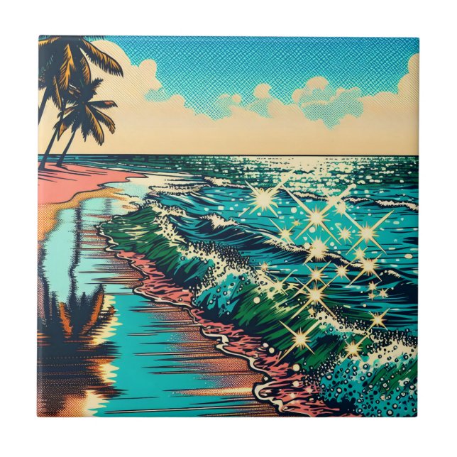 Beautiful Comic Pop Art Style Beach Scene Ceramic Tile (Front)