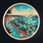 Beautiful Comic Pop Art Style Beach Scene Clock<br><div class="desc">Beautiful blue ocean waves on a sandy beach with a pretty reflection in the water. Palm trees and sparkling water and a cloudy sky.</div>