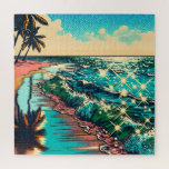 Beautiful Comic Pop Art Style Beach Scene Jigsaw Puzzle<br><div class="desc">Beautiful blue ocean waves on a sandy beach with a pretty reflection in the water. Palm trees and sparkling water and a cloudy sky.</div>