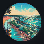 Beautiful Comic Pop Art Style Beach Scene Large Clock<br><div class="desc">Beautiful blue ocean waves on a sandy beach with a pretty reflection in the water. Palm trees and sparkling water and a cloudy sky.</div>