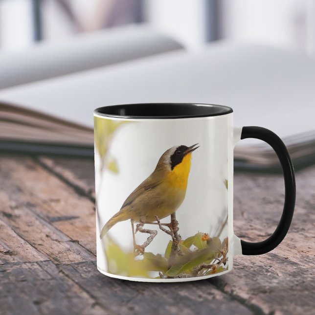 Beautiful Common Yellowthroat Warbler Songbird Mug (Common Yellowthroat Warbler on Branch 11 oz Coffee Mug Cover Photo.)