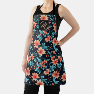 Beautiful Coral and Teal Floral Pattern Apron