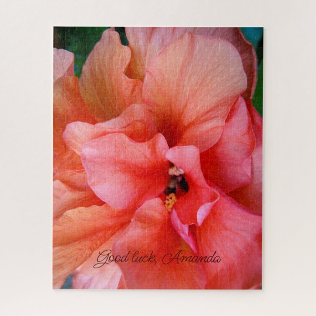 Beautiful Coral Orange Hibiscus Flower Custom Name Jigsaw Puzzle (Vertical)