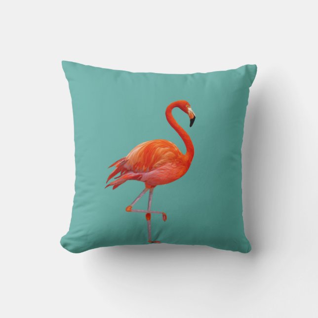 Beautiful Coral Pink Flamingo on Teal Cushion (Front)