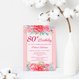 Beautiful Coral Pink Floral 80th Birthday Party Invitation