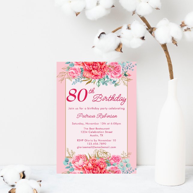 Beautiful Coral Pink Floral 80th Birthday Party Invitation (Creator Uploaded)