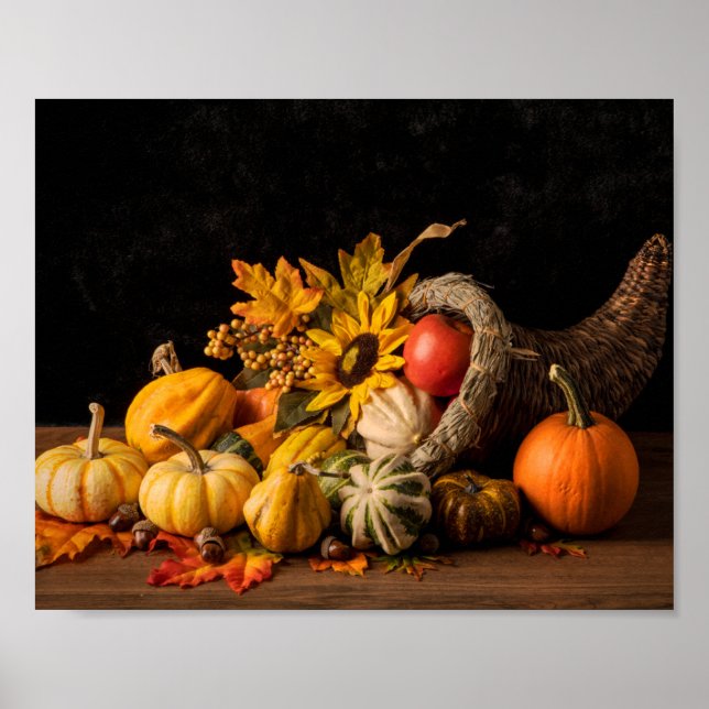 Beautiful Cornucopia Filled With Autumn Gourds Poster (Front)