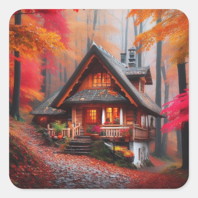 Beautiful Cosy cabin with Autumn leaves Square Sticker (Front)