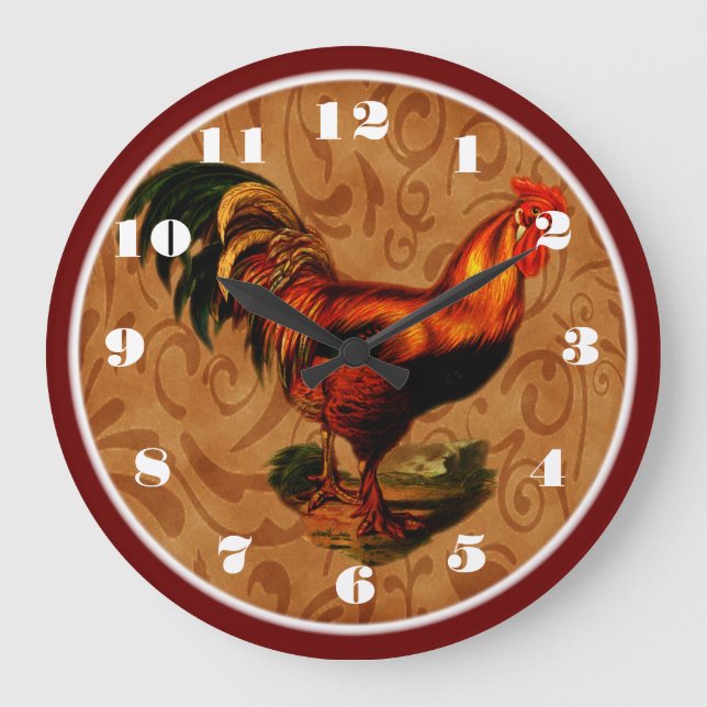 Beautiful Country Rooster Kitchen Large Clock (Front)