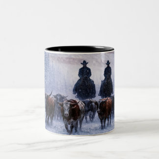 Beautiful Country Western Cowboys Winter Cattle Two-Tone Coffee Mug