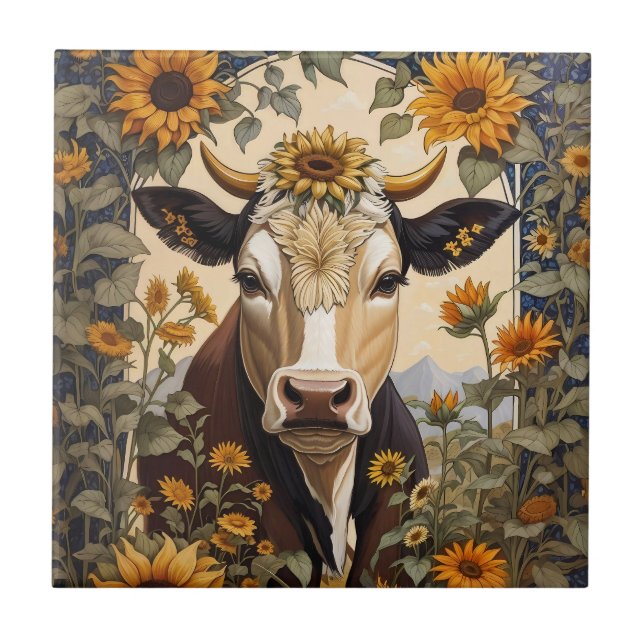 Beautiful Countryside Cow Sunflower Decorative Ceramic Tile (Front)