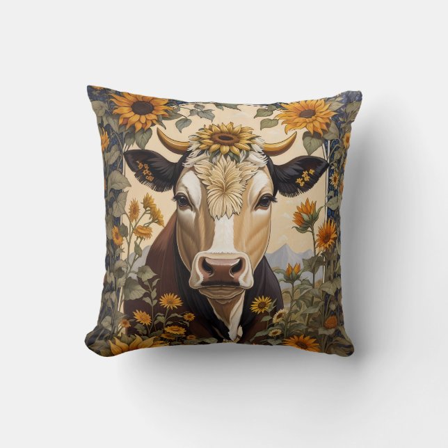 Beautiful Countryside Cow Sunflower Decorative Cushion (Front)