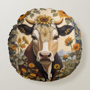 Beautiful Countryside Cow Sunflower Decorative Round Cushion
