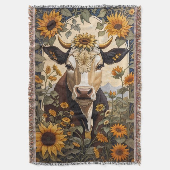 Beautiful Countryside Cow Sunflower Decorative Throw Blanket (Front Vertical)