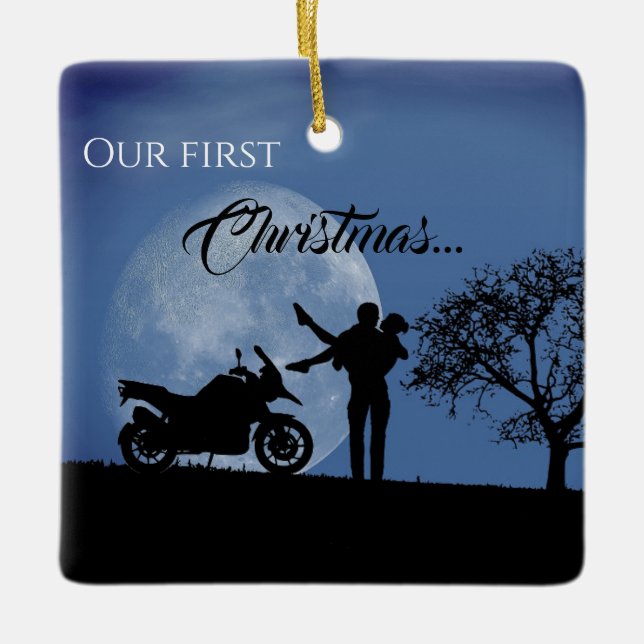 Beautiful Couples First Christmas Motorcycle Love Ceramic Ornament (Front)