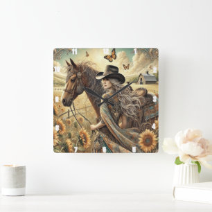 Beautiful Cowgirl and Horse Sunlit Countryside Square Wall Clock