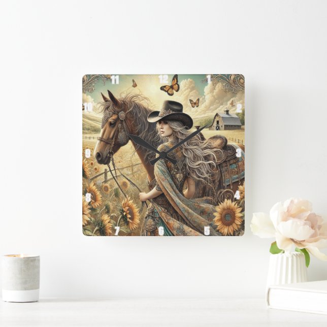 Beautiful Cowgirl and Horse Sunlit Countryside Square Wall Clock (Home)