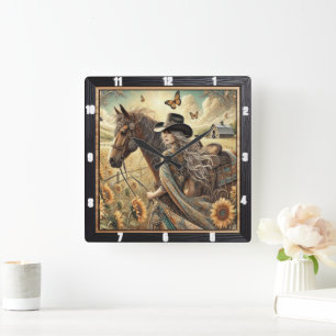 Beautiful Cowgirl and Horse Sunlit Countryside Square Wall Clock