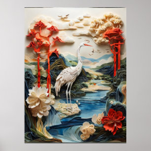 Beautiful Crane imitation Japanese paper art Poster