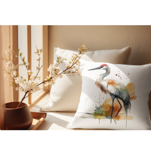 beautiful crane in watercolor cushion